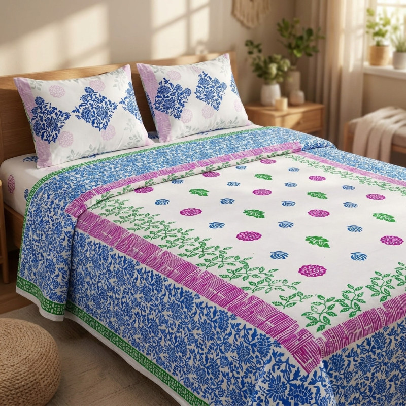 Premium Hand Block Printed Satin Bed Sheet Set | Soft Luxury Bedding