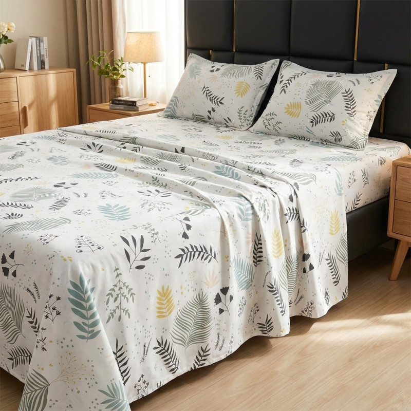 Buy Premium Fern & Leaf White Cotton Bedsheet Set | AiyaanBD
