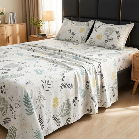 Buy Premium Fern & Leaf White Cotton Bedsheet Set | AiyaanBD