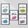 5-Piece Islamic Wall Art Set – Bismillah, Insha Allah, Alhamdulillah, Subhan Allah, Allah | Colorful Calligraphy | Aiyaan BD