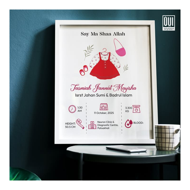 Custom Baby Birth Announcement Frame – Girl | Islamic Wall Art Gift